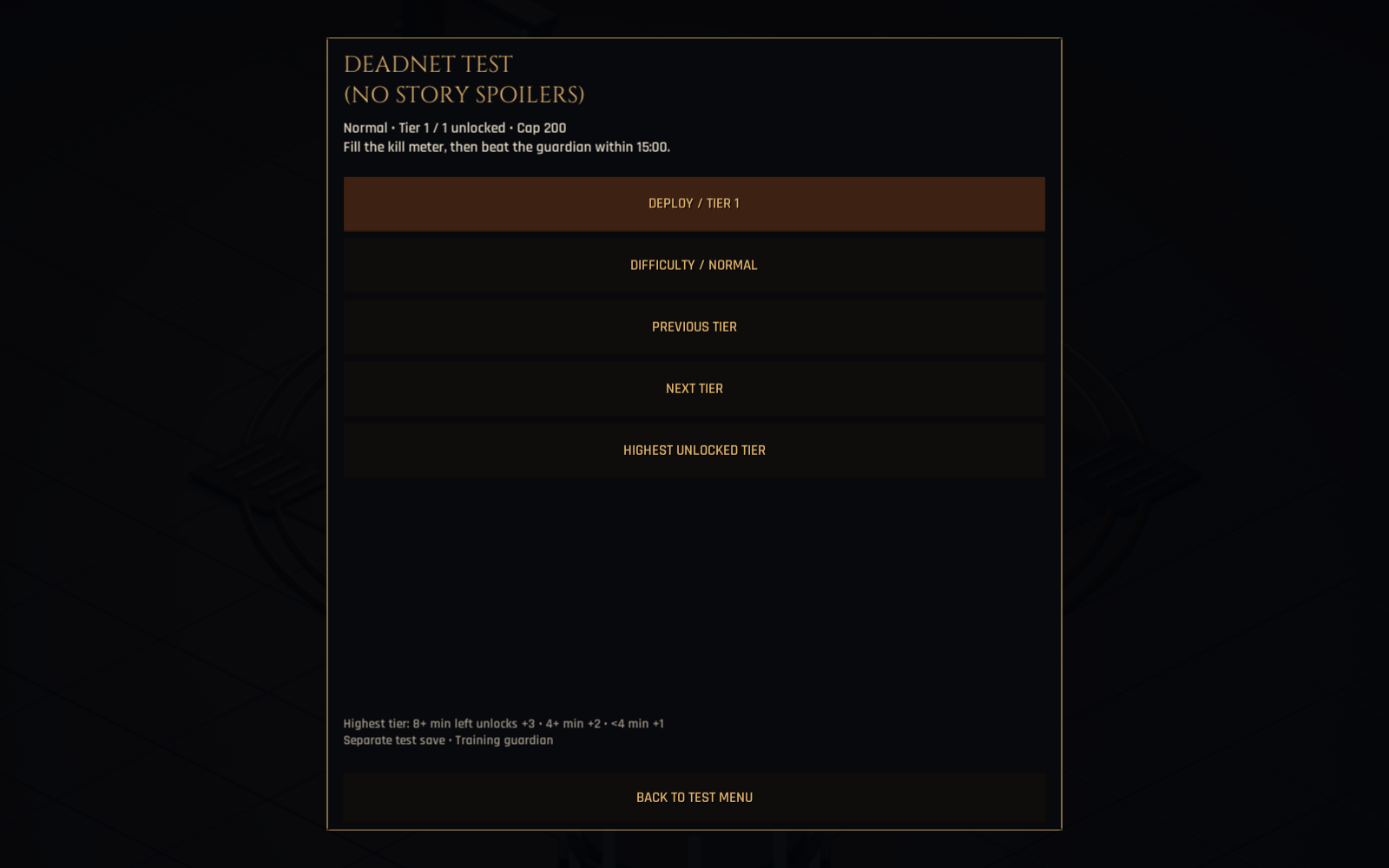 Tier and difficulty selection before deploying the test activity. Native screenshot: 1600x1000.