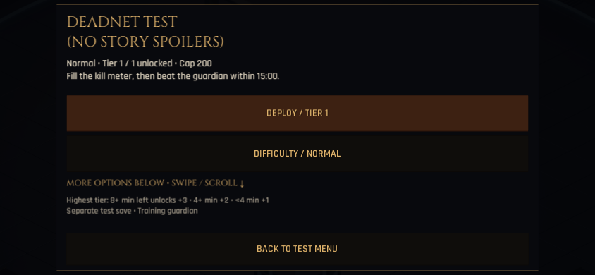 Tier and difficulty selection before deploying the test activity. Native screenshot: 844x390.