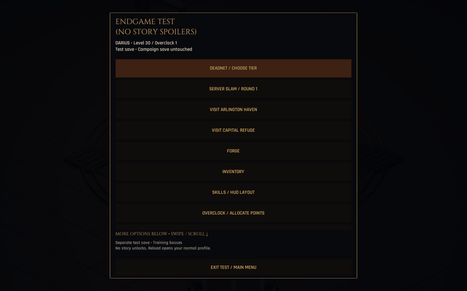 Level-30 test menu with Arlington Haven, Capital Refuge and endgame activity entries. Native screenshot: 1600x1000.