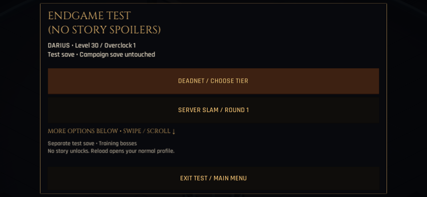 Level-30 test menu with Arlington Haven, Capital Refuge and endgame activity entries. Native screenshot: 844x390.