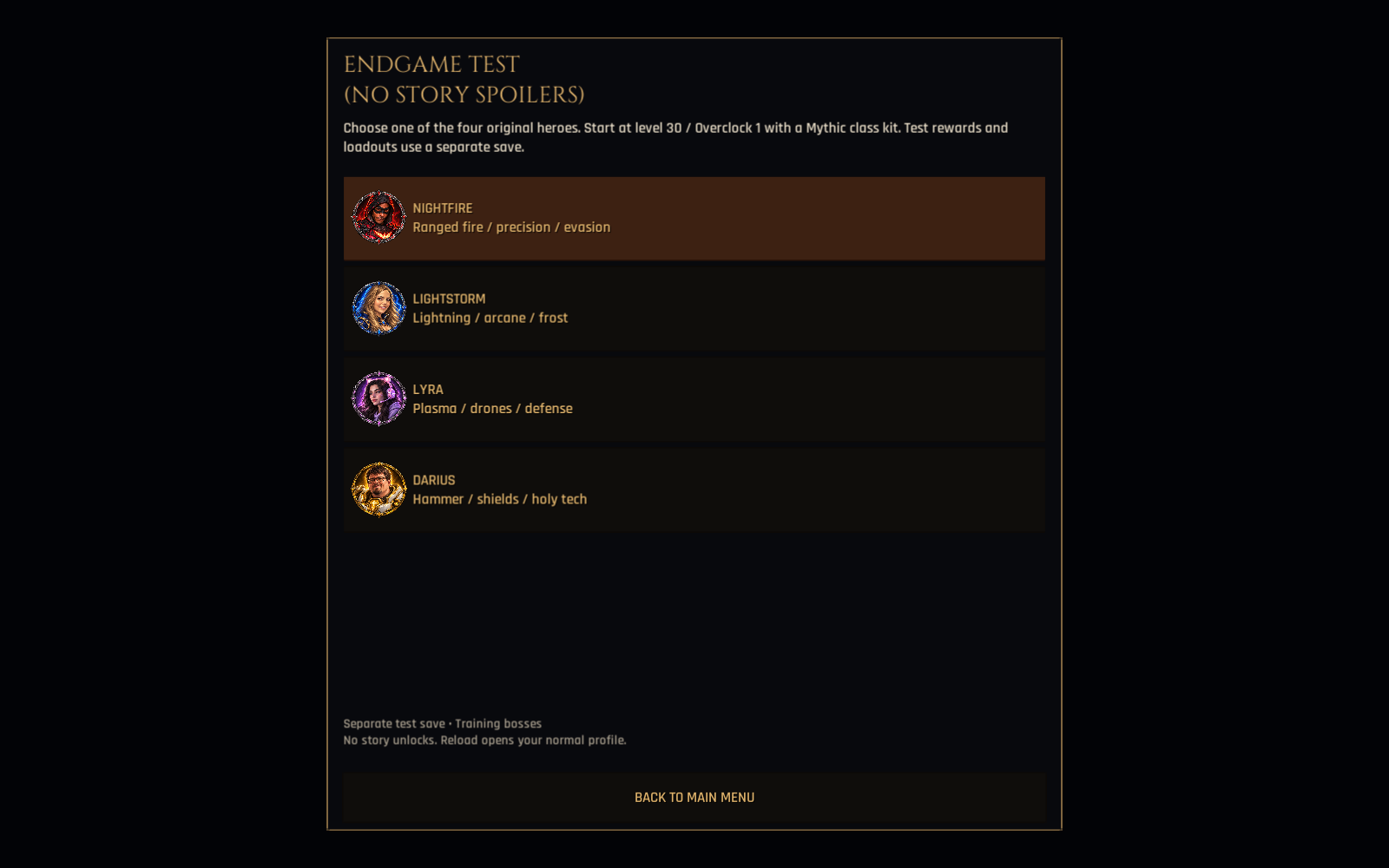 Spoiler-free test character selection for the original four heroes, using the isolated test save. Native screenshot: 1600x1000.