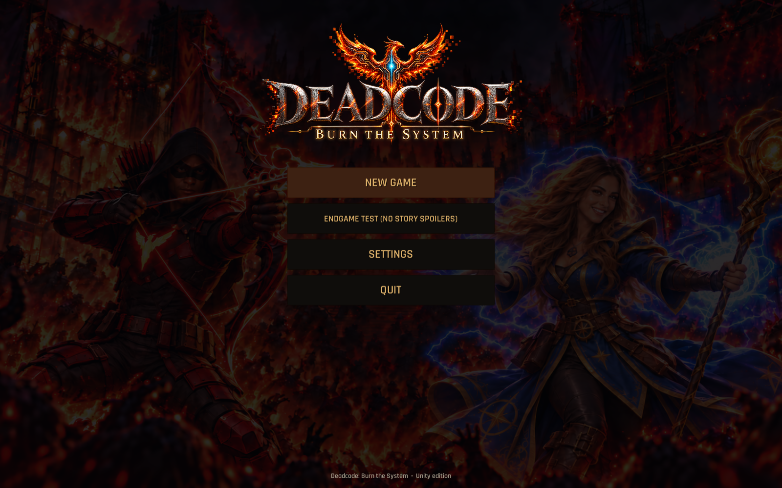 Normal main menu with Endgame Test directly below New Game in the flagged test build. Native screenshot: 1600x1000.
