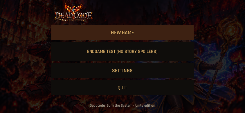 Normal main menu with Endgame Test directly below New Game in the flagged test build. Native screenshot: 844x390.